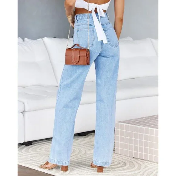 Women's Baggy High Waisted Straight Leg Denim Jeans Casual Street Wear - Picture 2 of 4